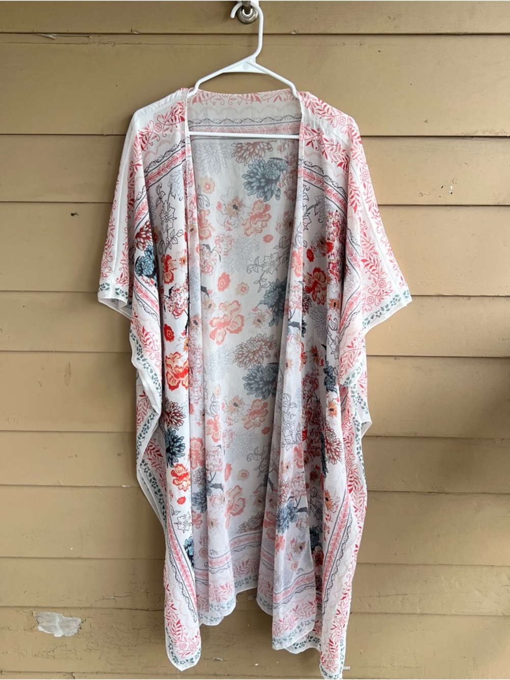 White Floral Sheer Kimono Duster Size XL Vacation Resortwear Festival